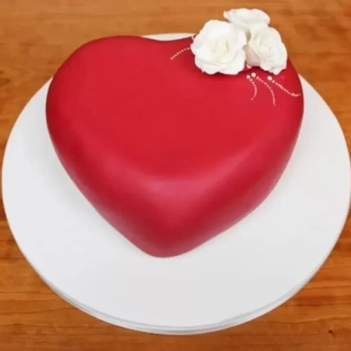 LallanTop Cake Shop's Blossoming Love Fondant Cake - Heart-shaped with red fondant cover