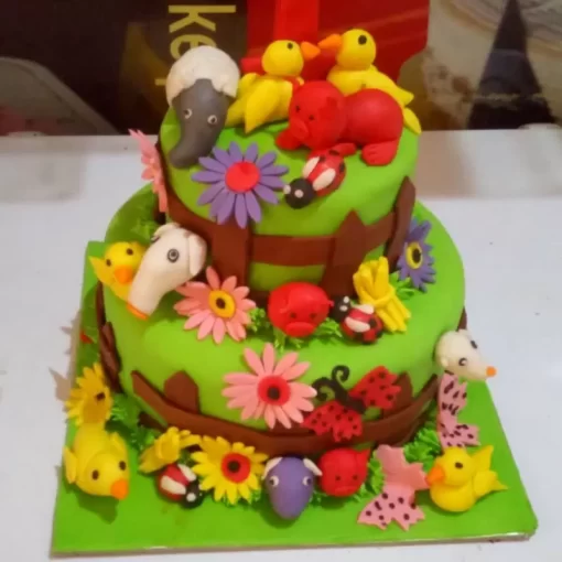 2 Tier Flower Garden And Animal Cake