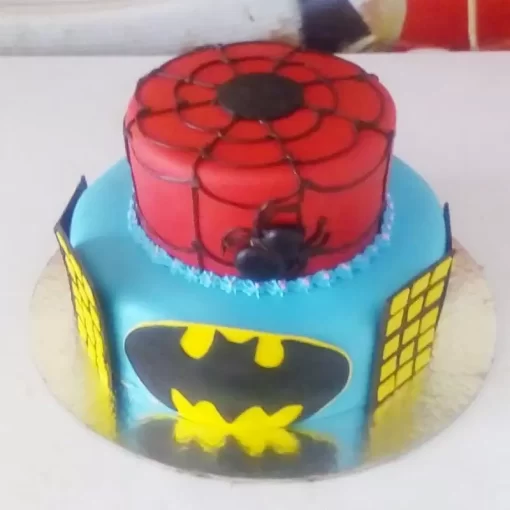 Spiderman And Batman Theme Fondant Cake